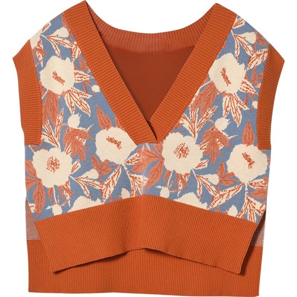 Floral know vest sweater too v-neck high low knit vintage soft orange - Picture 4 of 14